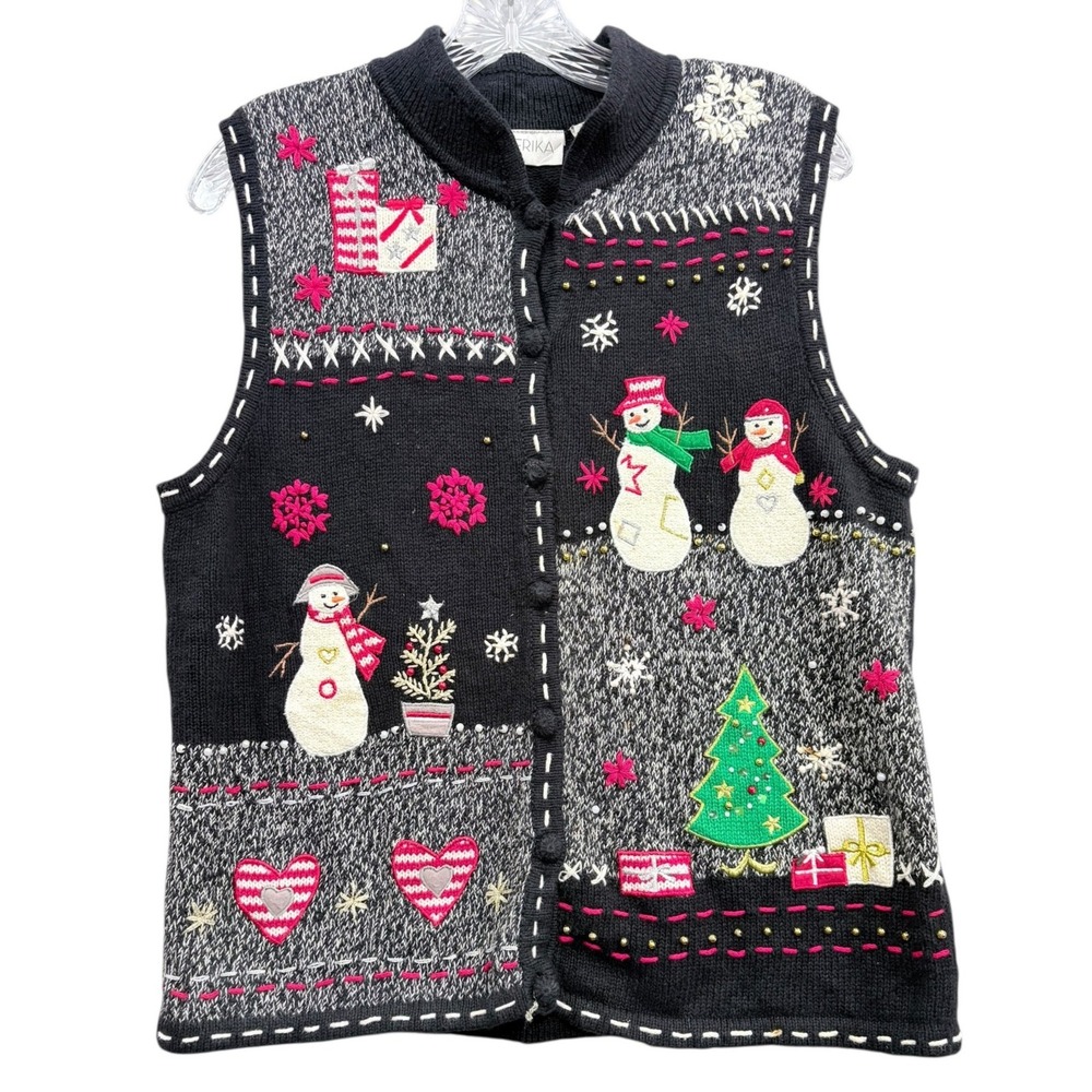 Vintage Erika‎ Womens Ugly Christmas Sweater Vest Snowman Tree Hearts Knit M